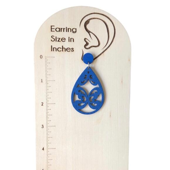 Bohemian Lightweight Wooden Filigree Laser Cut Tear Drop Dark Blue Earrings - Picture 6 of 6